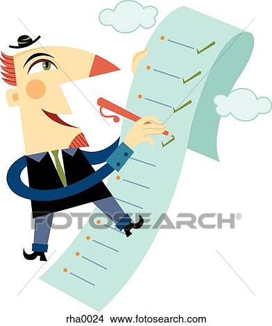 A man checking off items on a large list View Large Illustration Stock Illustration - A man checking off items on a large list. Fotosearch