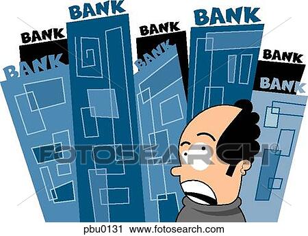 Clip Art - A man confused by which bank to choose. Fotosearch