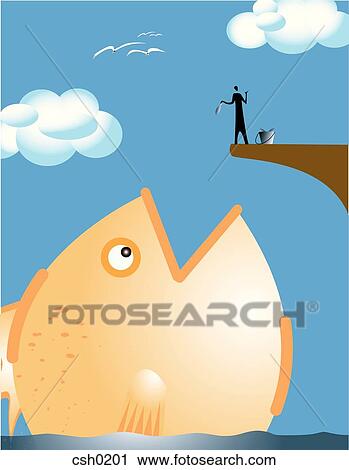 Clip Art - A man feeding a giant fish. Fotosearch