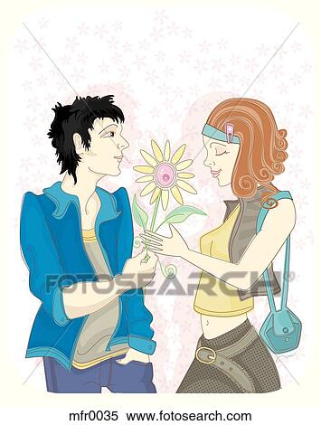A man giving his girlfriend a flower View Large Illustration Stock Illustration - A man giving his girlfriend a flower. Fotosearch