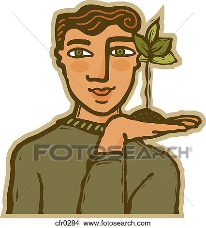 Stock Illustration - A man holding a small seedling in the palm of his hand. Fotosearch