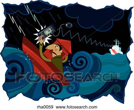 A man in a boat trying to reach the coast guard via cb radio in a storm View Large Illustration Stock Illustration - A man in a boat trying to reach the coast guard via cb radio in a storm. Fotosearch