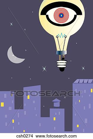 Stock Illustration - A man in a hot air balloon that looks like a lightbulb,. Fotosearch