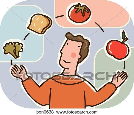 Stock Illustration - A man juggling healthy foods including broccoli, bread, a tomato, and an apple. Fotosearch
