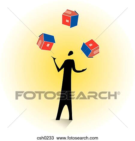 Drawing - A man juggling three houses. Fotosearch