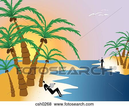 Stock Illustration - A man leaning on a palm tree using a laptop while on a tropical island. Fotosearch