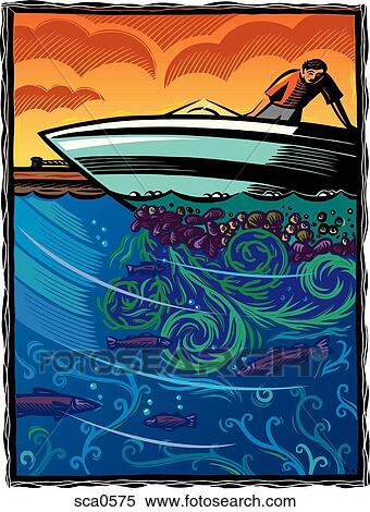 A man looking at barnacles and seaweed on the bottom of his power boat View Large Illustration Stock Illustration - A man looking at barnacles and seaweed on the bottom of his power boat. Fotosearch