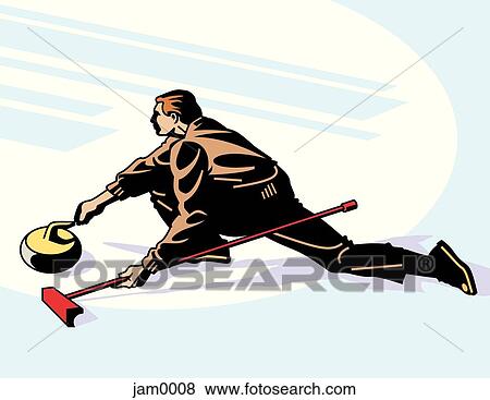 A man on a curling rink about to release the curling stone while holding a sweeper View Large Illustration Stock Illustration - A man on a curling rink about to release the curling stone while holding a sweeper. Fotosearch