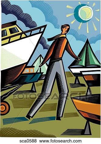 Stock Illustration - A man pulling a boat into a boat yard. Fotosearch