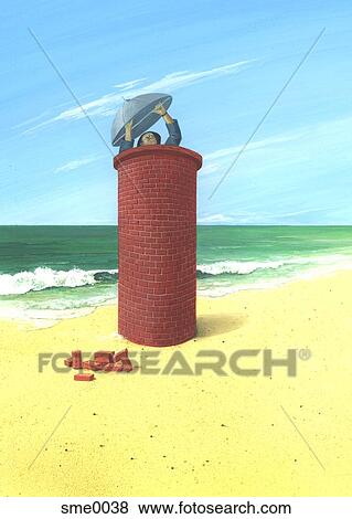Stock Illustration - A man putting a lid on an enclosed brick wall. Fotosearch