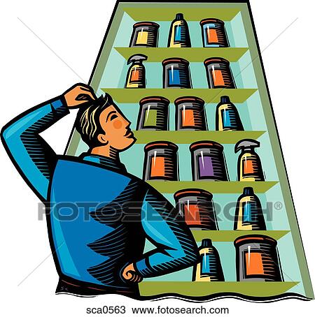 A man scratching his head while looking at bottles View Large Illustration Drawing - A man scratching his head while looking at bottles. Fotosearch