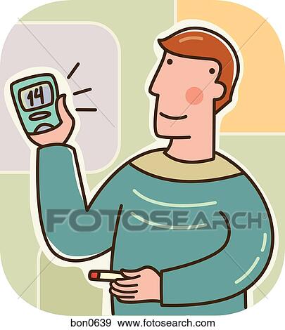 Stock Illustration - A man showing the results of his glucose monitor test. Fotosearch