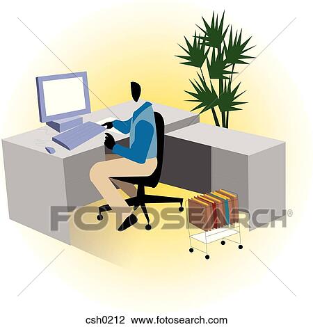 Drawing - A man sitting at his computer desk. Fotosearch