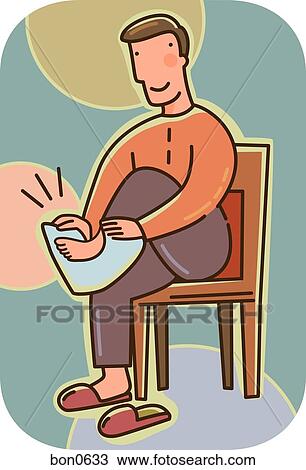 A man sitting in a chair and wiping his feet dry with a towel View Large Illustration Drawing - A man sitting in a chair and wiping his feet dry with a towel. Fotosearch