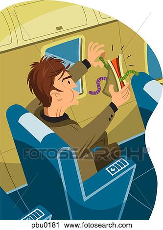 Clip Art - A man sitting on a plane holding a sandwich with worms in it. Fotosearch
