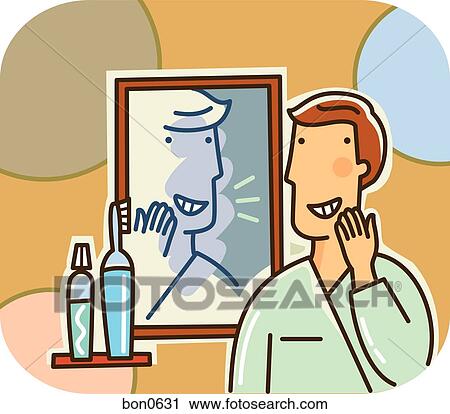 A man smiling at his reflection in the bathroom mirror while looking at his teeth View Large Illustration Clip Art - A man smiling at his reflection in the bathroom mirror while looking at his teeth. Fotosearch