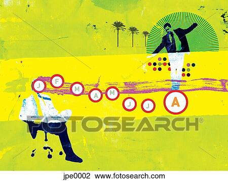 A man standing on letters that signify months of the year View Large Illustration Drawing - A man standing on letters that signify months of the year. Fotosearch