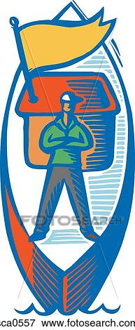 Stock Illustration - A man standing on the deck of a boat with his arms crossed. Fotosearch