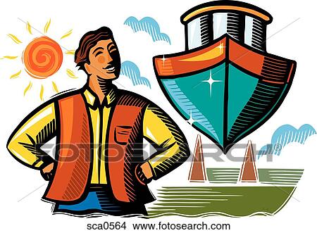 A man standing with his hands on his hips looking proudly at his boat View Large Illustration Stock Illustration - A man standing with his hands on his hips looking proudly at his boat. Fotosearch