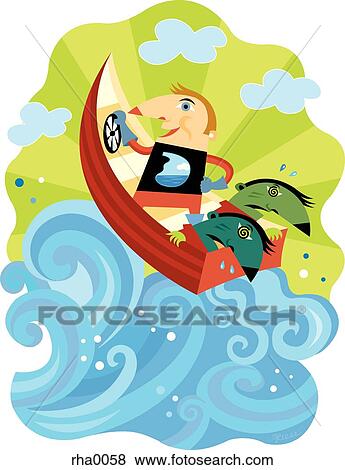Stock Illustration - A man steering a boat on rough waters while his friends are seasick. Fotosearch