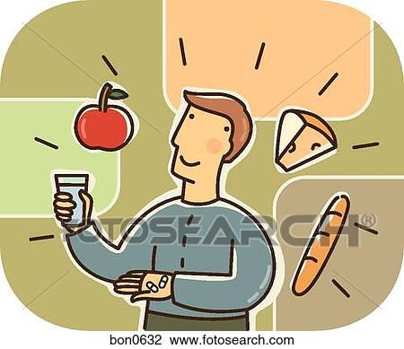 A man surrounded by cheese, bread, and an apple, while holding multivitamins and a glass of water View Large Illustration Drawing - A man surrounded by cheese, bread, and an apple, while holding multivitamins and a glass of water. Fotosearch