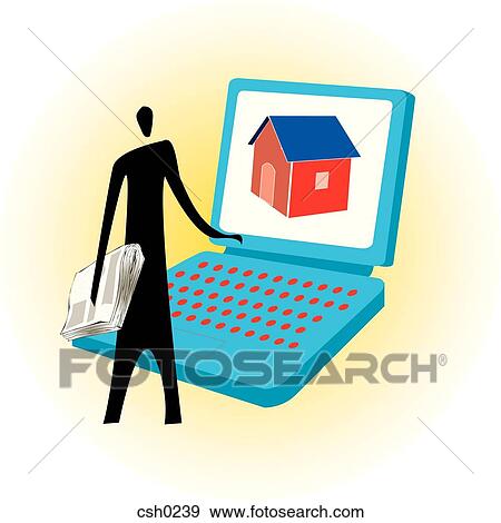 Stock Illustration - A man using the internet to search for a house. Fotosearch