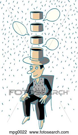Drawing - A man wearing a broken hat with speech bubbles coming out of it. Fotosearch