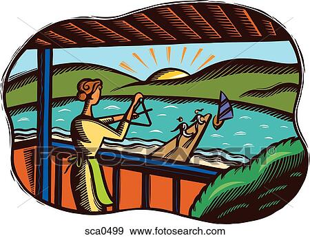 Stock Illustration - A mother calling her kids for lunch using a triangle bell. Fotosearch