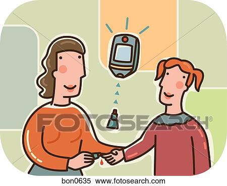 Stock Illustration - A mother using a glucose test meter on her daughter to measure blood sugar levels. Fotosearch