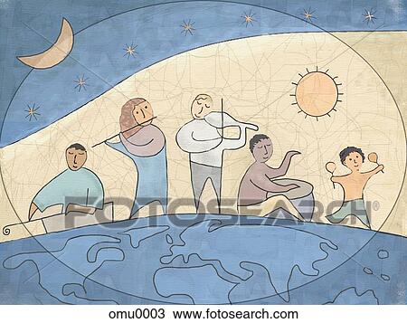 A music band playing instruments while standing on the globe View Large Illustration Drawing - A music band playing instruments while standing on the globe. Fotosearch