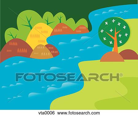 Stock Illustration - A nature scene with trees and a river flowing downstream. Fotosearch