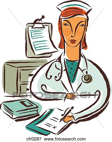 Stock Illustration - A nurse writing information on a document. Fotosearch