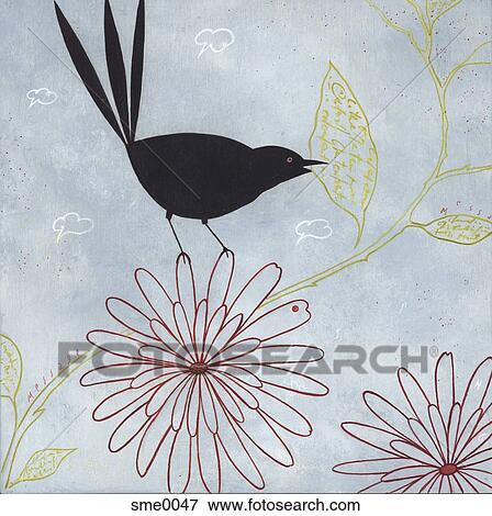 A Oiseau Noir Traction A Feuille Depuis A Fleur Banque Dillustrations