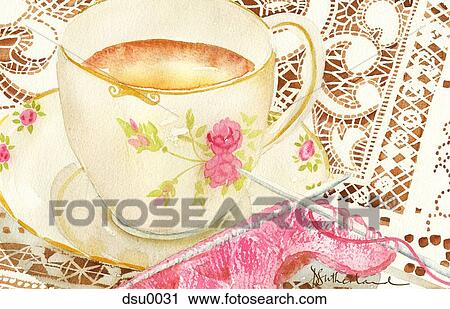 A painting of a cup of tea with knitting needles nearby View Large Illustration Clip Art - A painting of a cup of tea with knitting needles nearby. Fotosearch