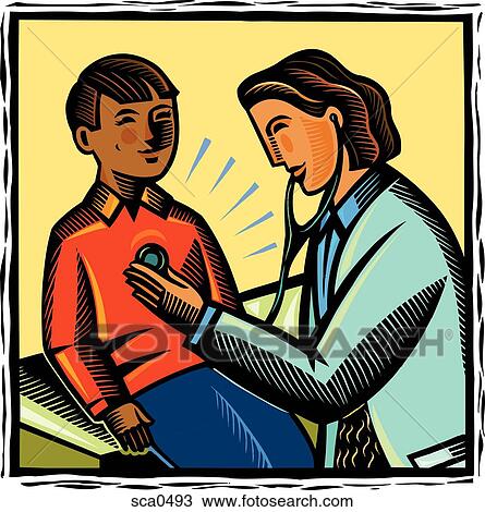 Drawing - a pediatrician using a stethoscope to listen to a boy's heart. Fotosearch