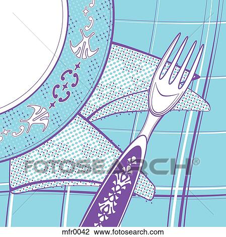 A place setting on a blue background View Large Illustration Drawing - A place setting on a blue background. Fotosearch