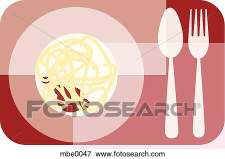 Stock Illustration - A plate of spaghetti next to a spoon and fork. Fotosearch