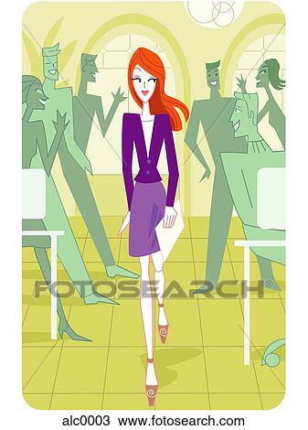 Drawing - A pretty woman walking pass a group of people. Fotosearch