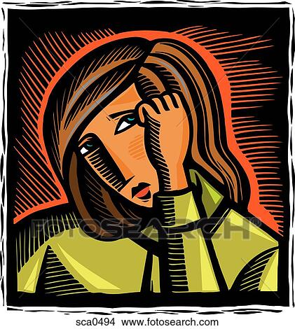 Stock Illustration - a sad woman holding her hand to her face. Fotosearch