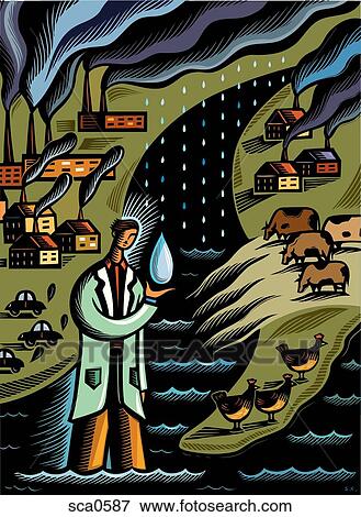 A scientist standing holding a raindrop with symbols of water pollution in the background View Large Illustration Stock Illustration - A scientist standing holding a raindrop with symbols of water pollution in the background. Fotosearch