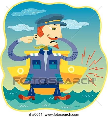 Clip Art - A ship captain plugging his ears so he won't hear the loud horn of the ship. Fotosearch