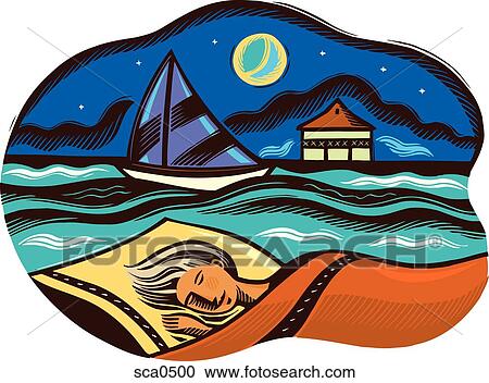 A sleeping woman dreaming about her boating vacation View Large Illustration Clipart - A sleeping woman dreaming about her boating vacation. Fotosearch