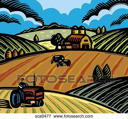 A tractor and cattles on a huge farmland View Large Illustration Stock Illustration - A tractor and cattles on a huge farmland. Fotosearch