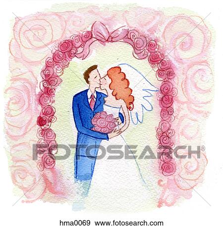 Stock Illustration - A wedding kiss between the bride and the groom. Fotosearch
