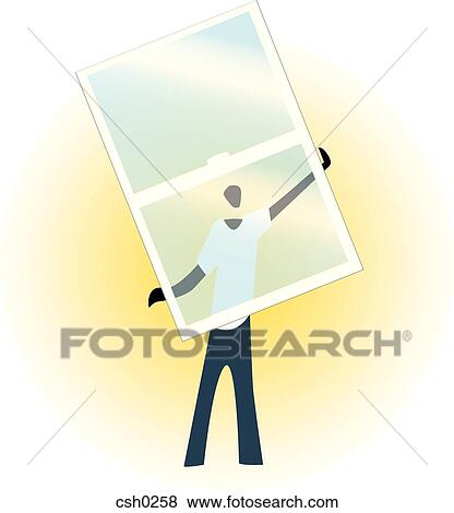 Stock Illustration - A window installer holding a glass pane. Fotosearch