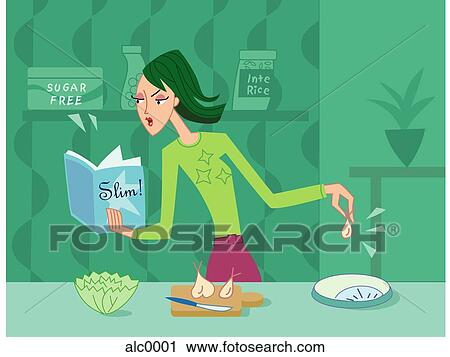 A woman cooking from a diet cookbook View Large Illustration Clip Art - A woman cooking from a diet cookbook. Fotosearch