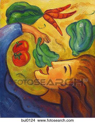 A woman eating vegetables including lettuce, carrots, and tomatoes View Large Illustration Stock Illustration - A woman eating vegetables including lettuce, carrots, and tomatoes. Fotosearch