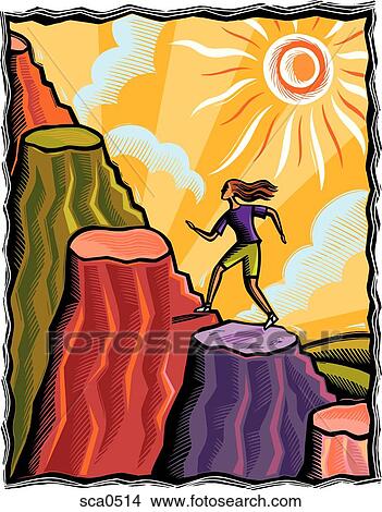 Stock Illustration - A woman hiking up a series of mountainous steps. Fotosearch