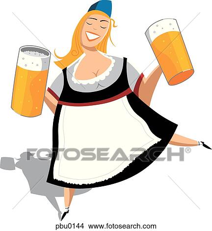 Stock Illustration - A woman holding pitchers of beer on white background. Fotosearch