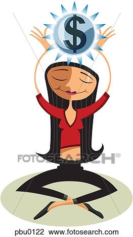 A woman holding up a shiny dollar View Large Illustration Drawing - A woman holding up a shiny dollar. Fotosearch